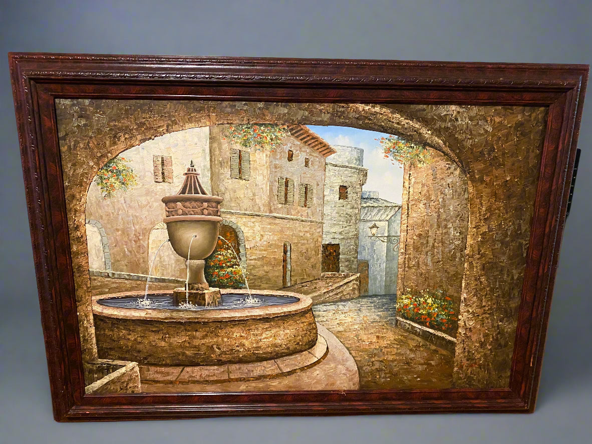 Beautiful Older painting with fountain inside of a town.