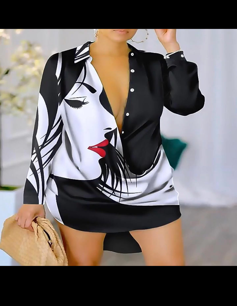 Women Casual graphic print long sleeved shirt dress
