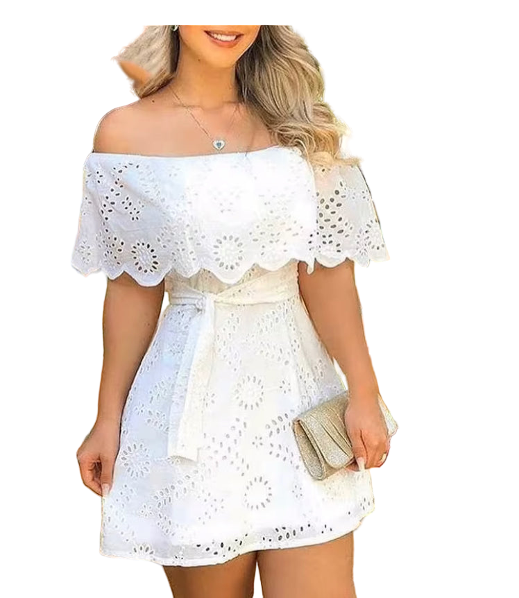 White solid off shoulder hole mini dress very elegant