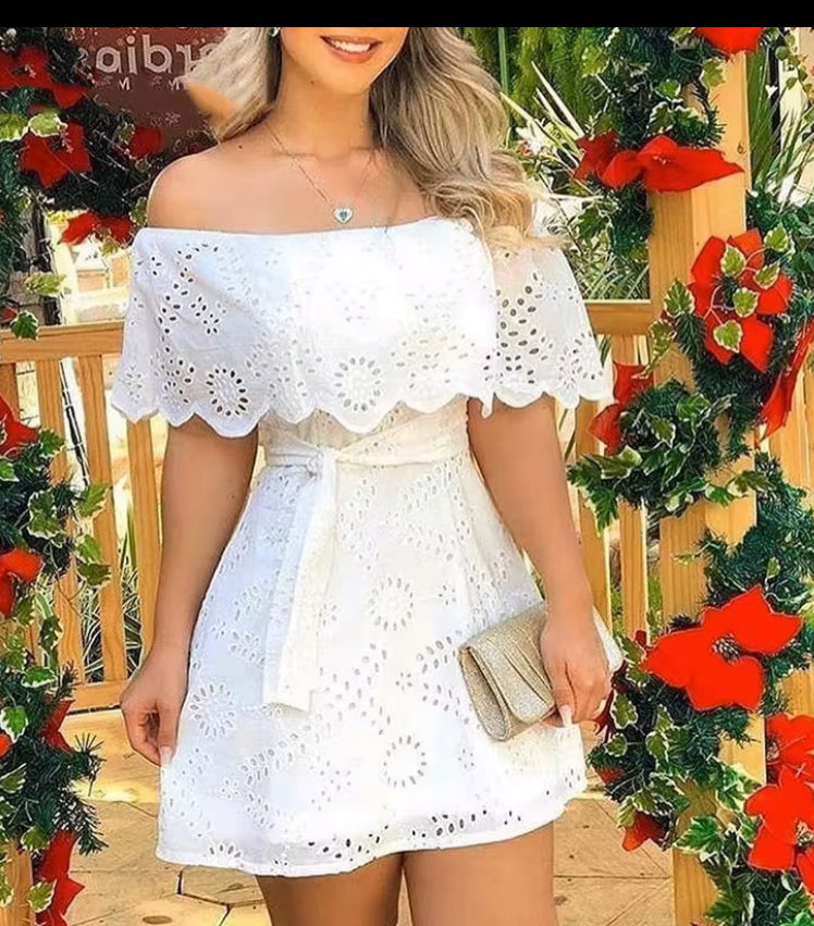 White solid off shoulder hole mini dress very elegant