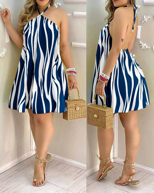 blue and white  shoulder halter neck loose dress for women