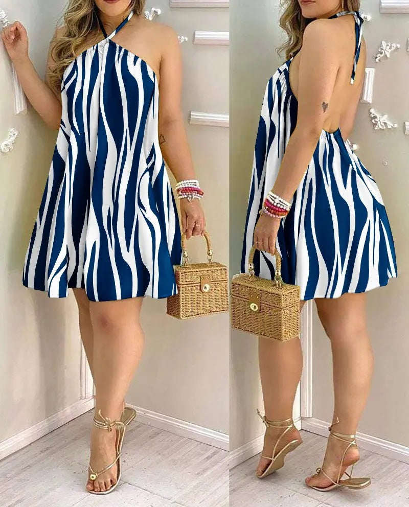 blue and white  shoulder halter neck loose dress for women