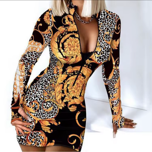 black, gold long sleeve sexy deep v neck slim fit dress
