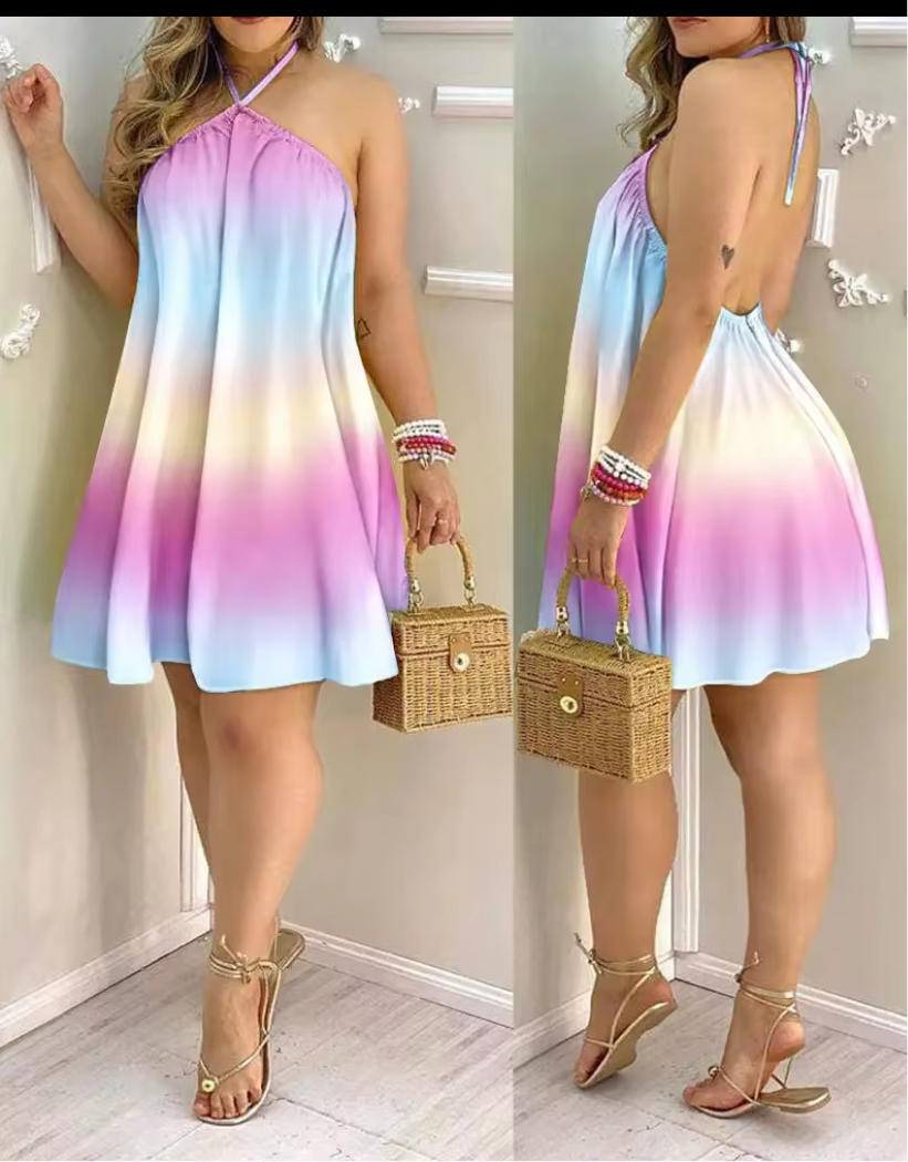 Shoulder Halter Neck Loose Ladies Dress for Women