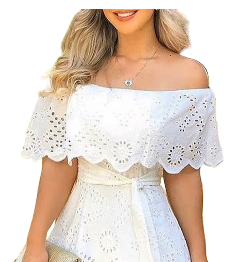 White solid off shoulder hole mini dress very elegant