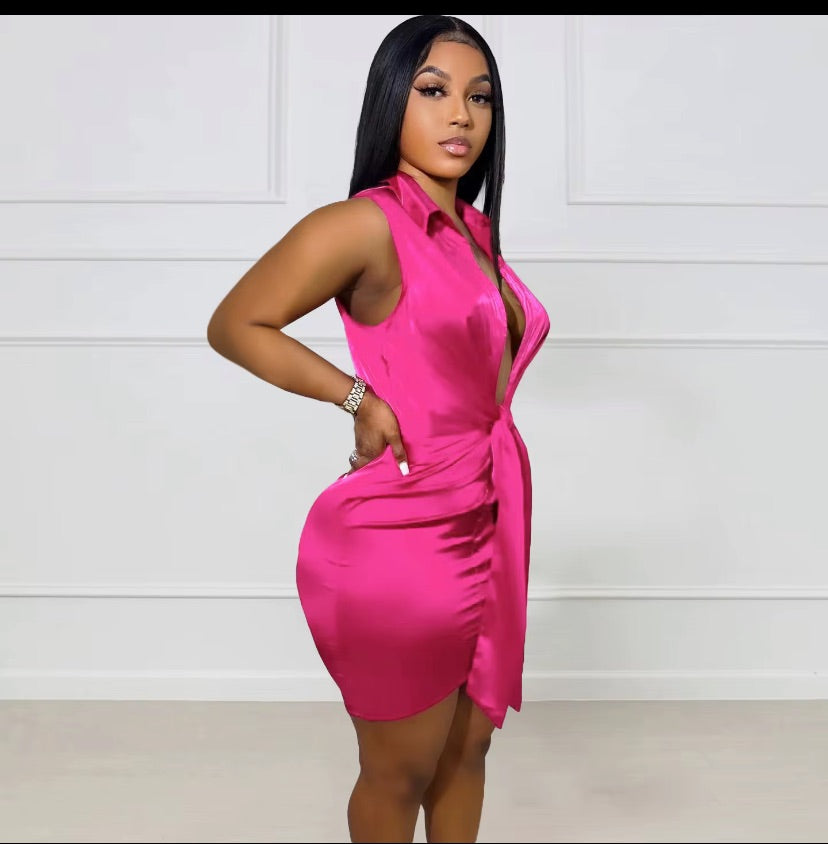 Satin Mini Dress Elegant Sleeveless, Hot Pink Casual Silk