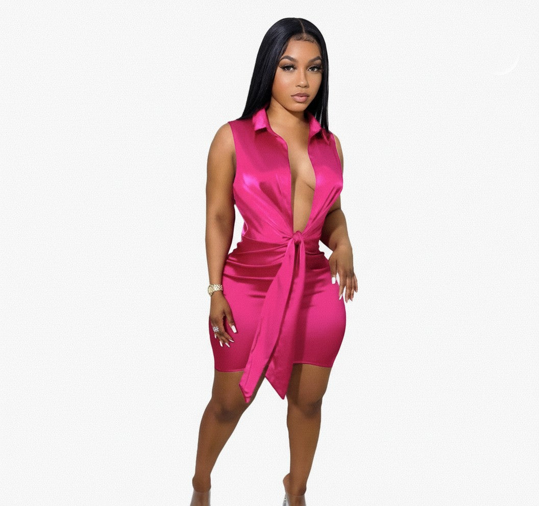 Satin Mini Dress Elegant Sleeveless, Hot Pink Casual Silk