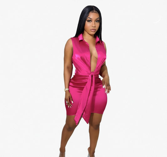 Satin Mini Dress Elegant Sleeveless, Hot Pink Casual Silk