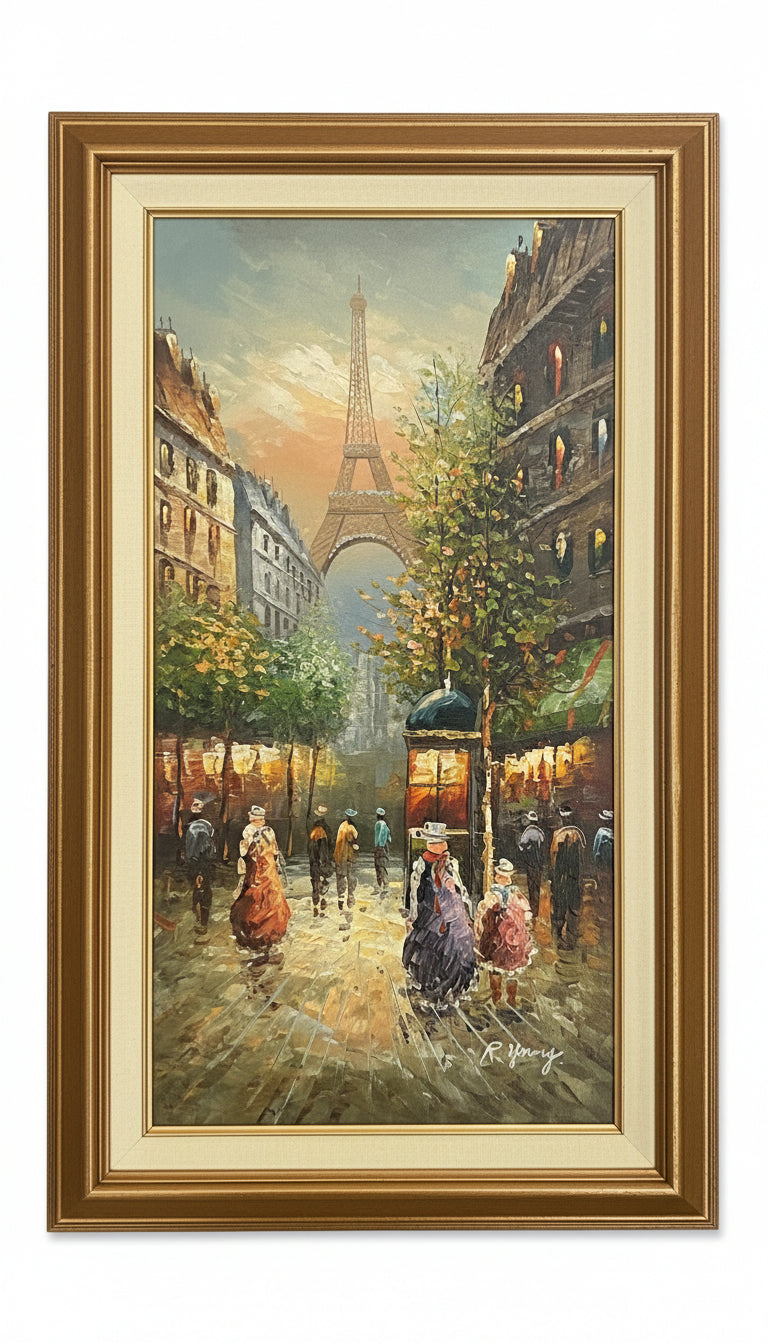 Painting of a Parisian street scene with the Eiffel Tower in the background