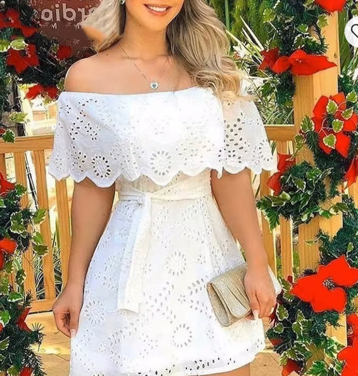 White solid off shoulder hole mini dress very elegant