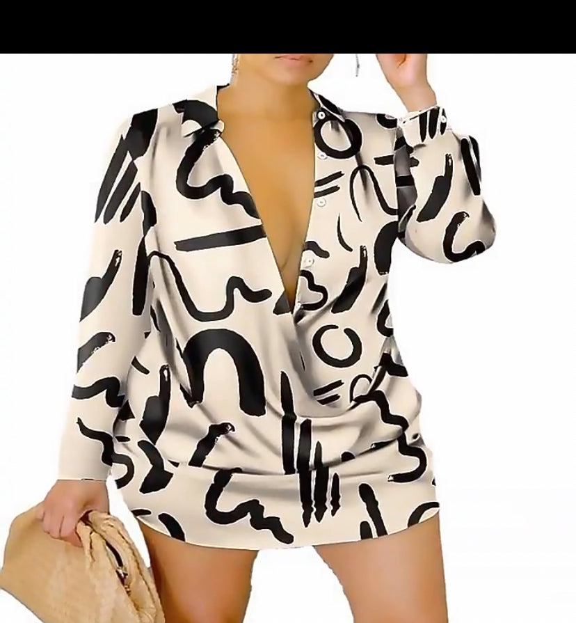 Women casual graphic print long sleeved shirt dress