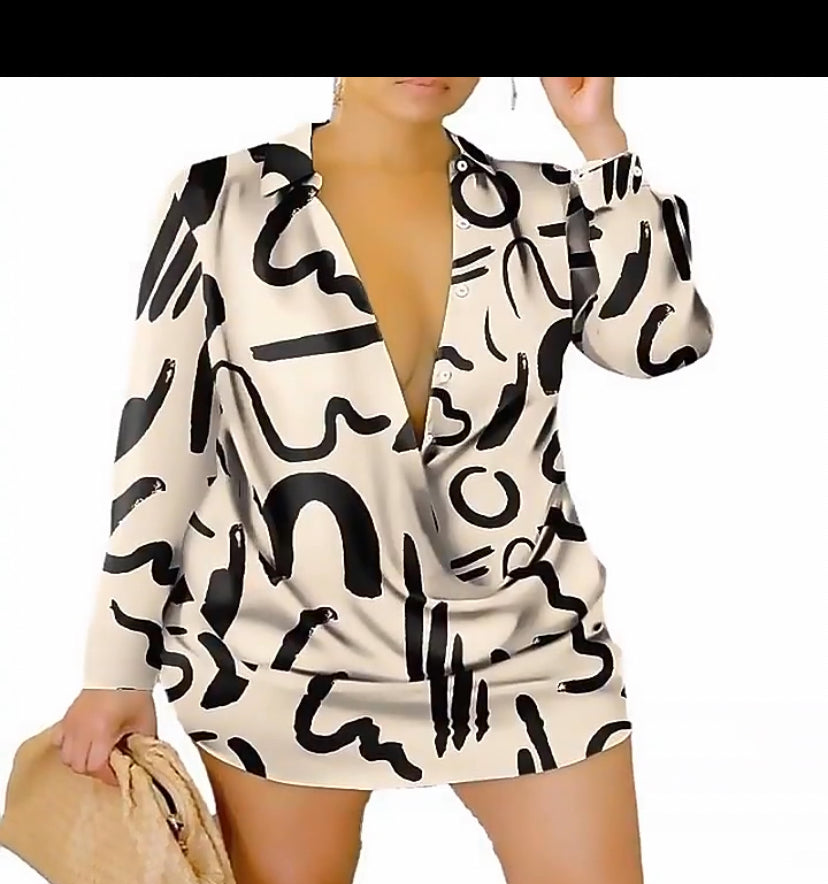 Women casual graphic print long sleeved shirt dress