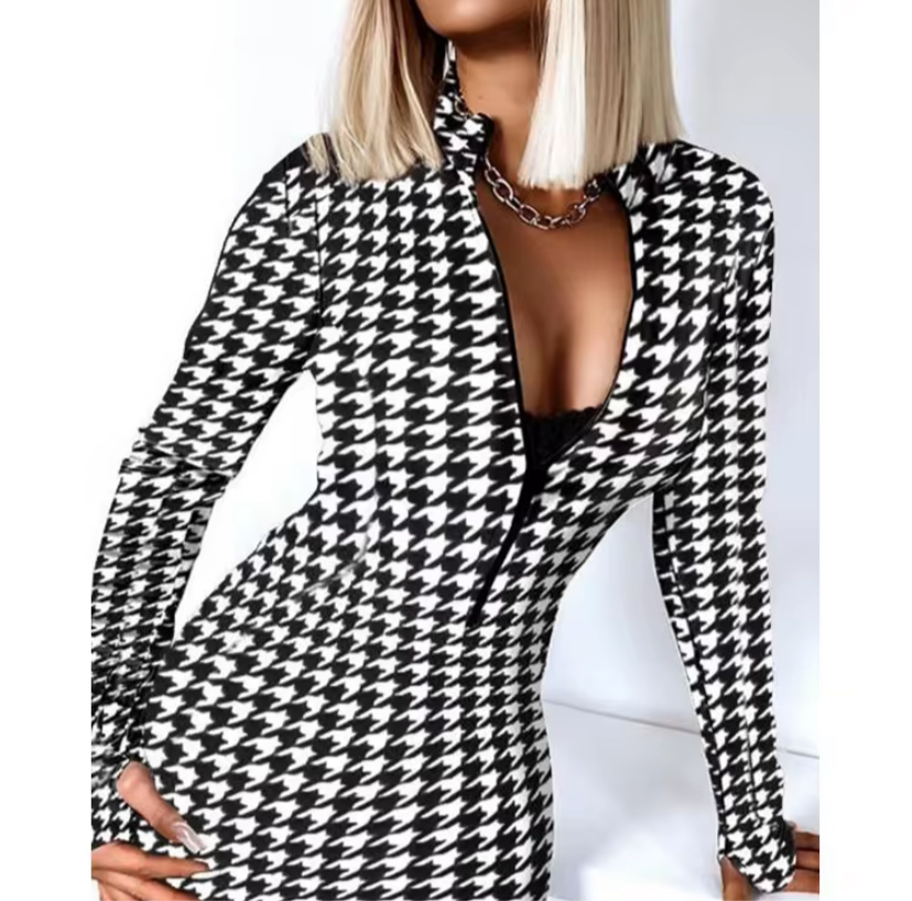 Black and white long sleeve sexy deep v neck slim fit dress