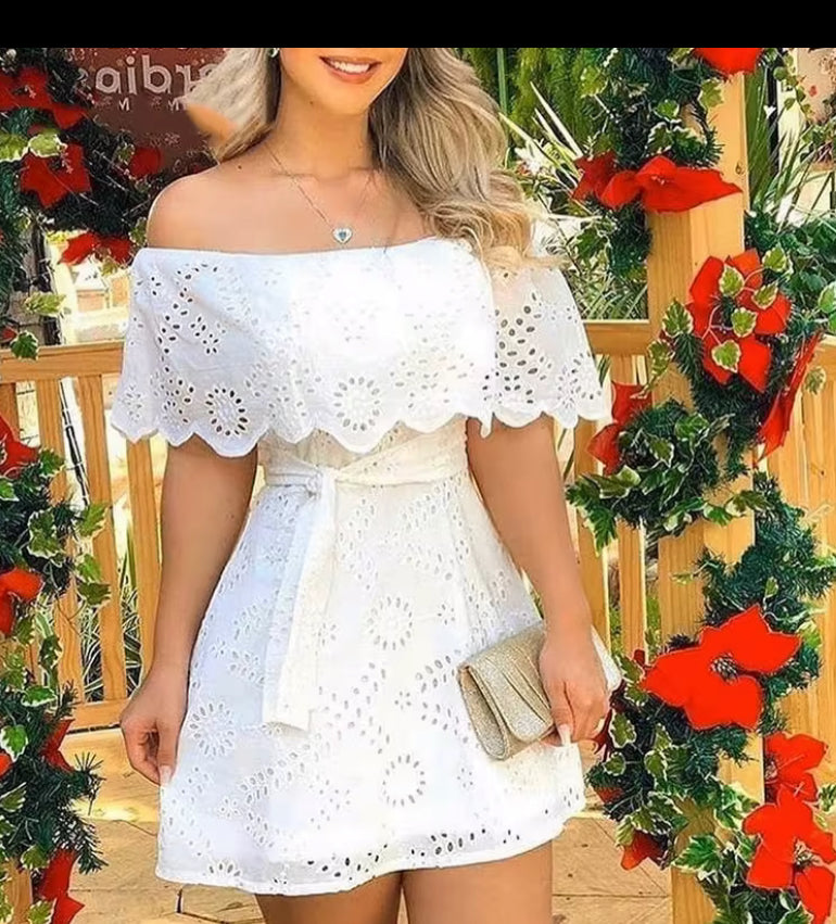 White solid off shoulder hole mini dress very elegant