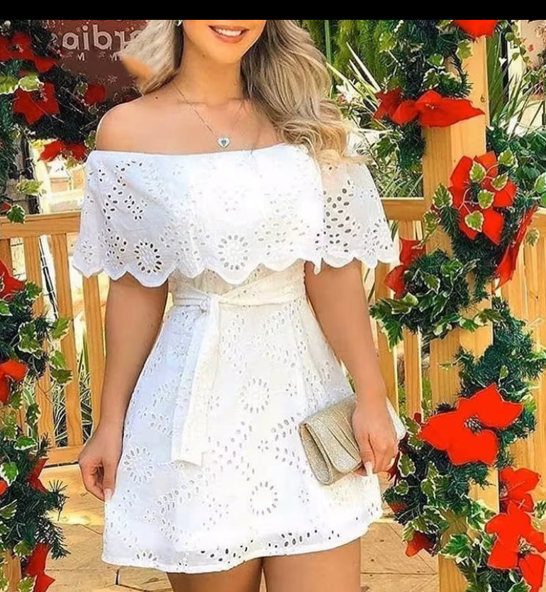 White solid off shoulder hole mini dress very elegant