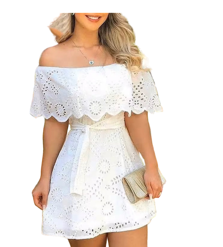 White solid off shoulder hole mini dress very elegant