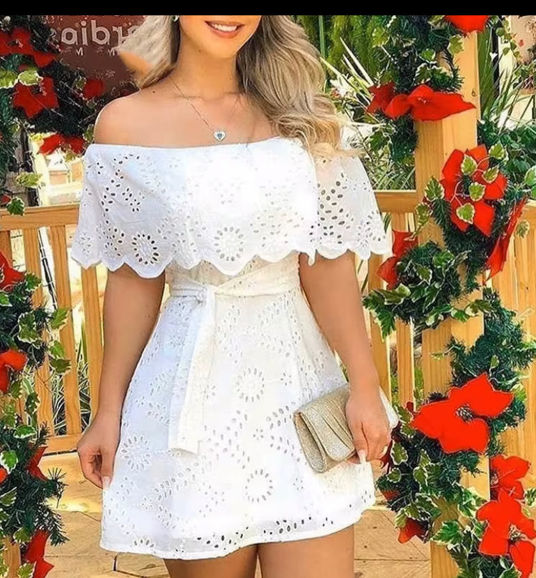White solid off shoulder hole mini dress very elegant