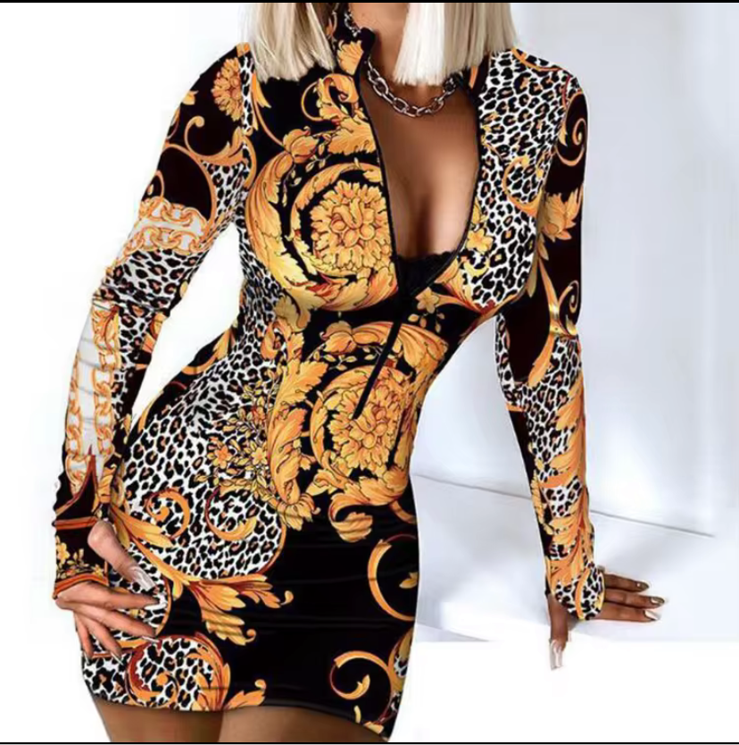 black, gold long sleeve sexy deep v neck slim fit dress