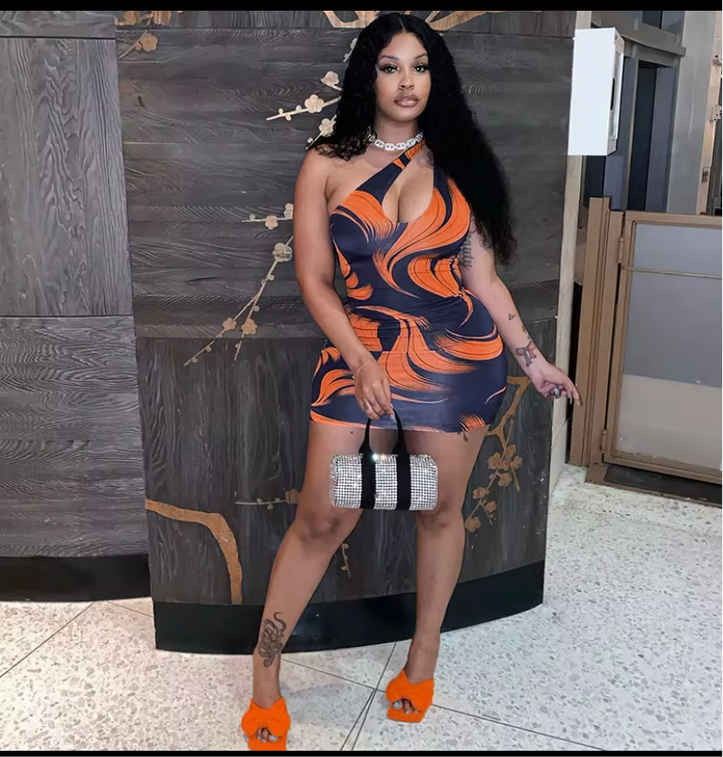 Orange and blue dress new fashion print slash shoulder slim