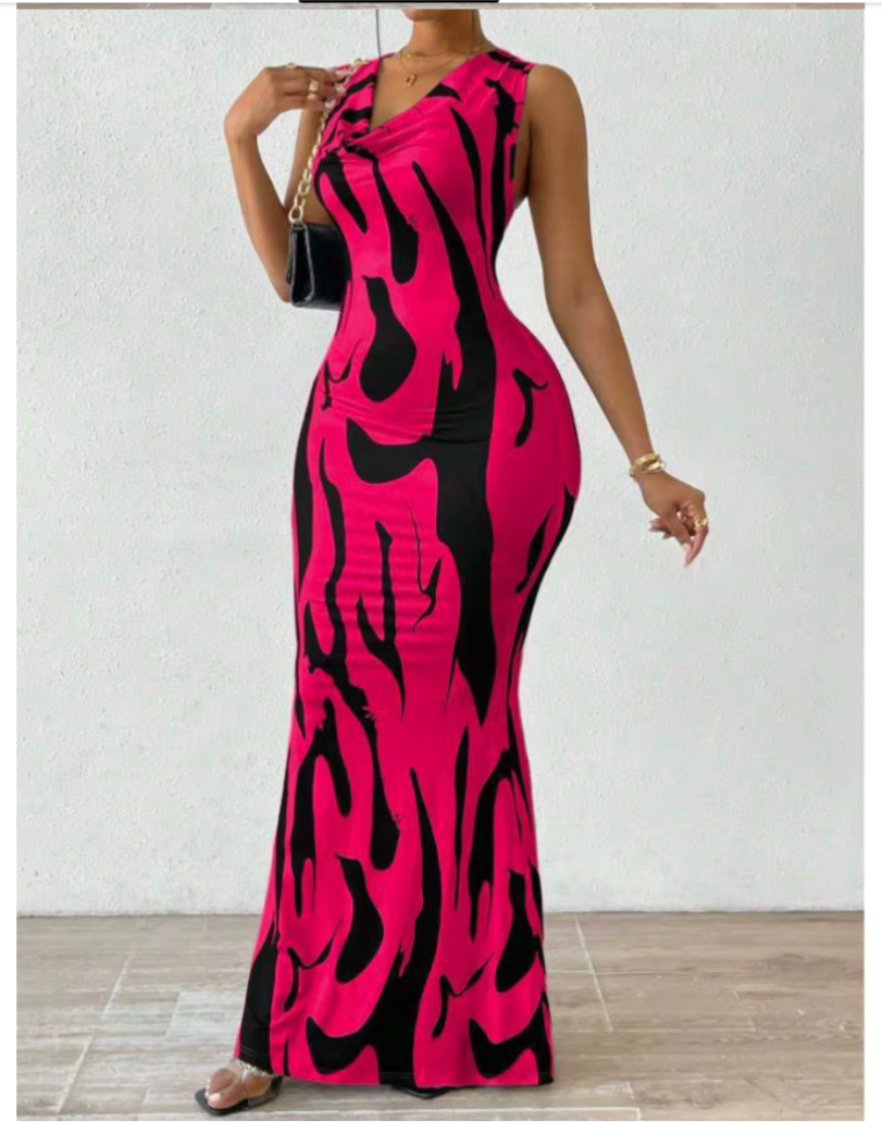 New creative v neck long dress with fresh and sweet casual style