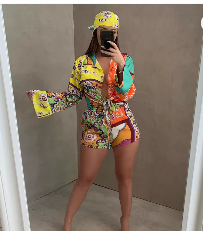 Skill print women’s sets 3 piece shorts set women with scarf