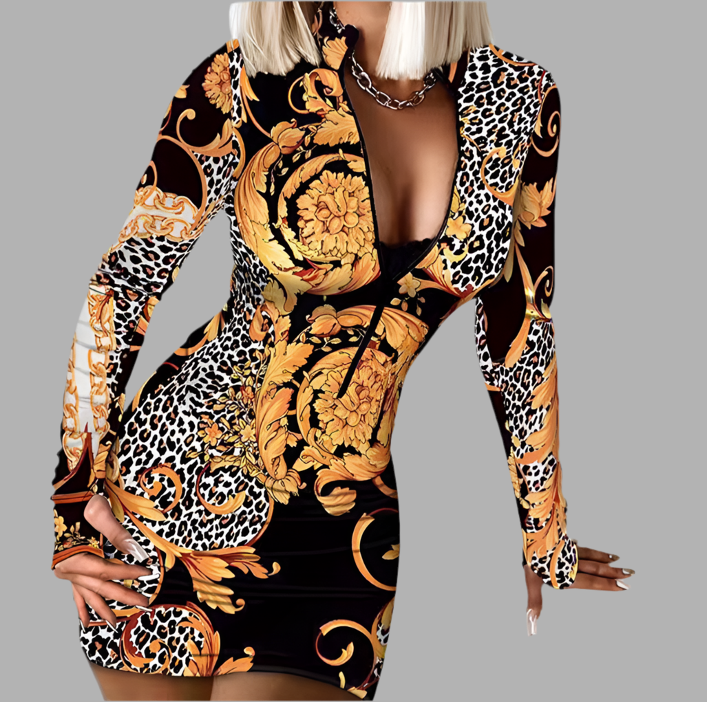 black, gold long sleeve sexy deep v neck slim fit dress