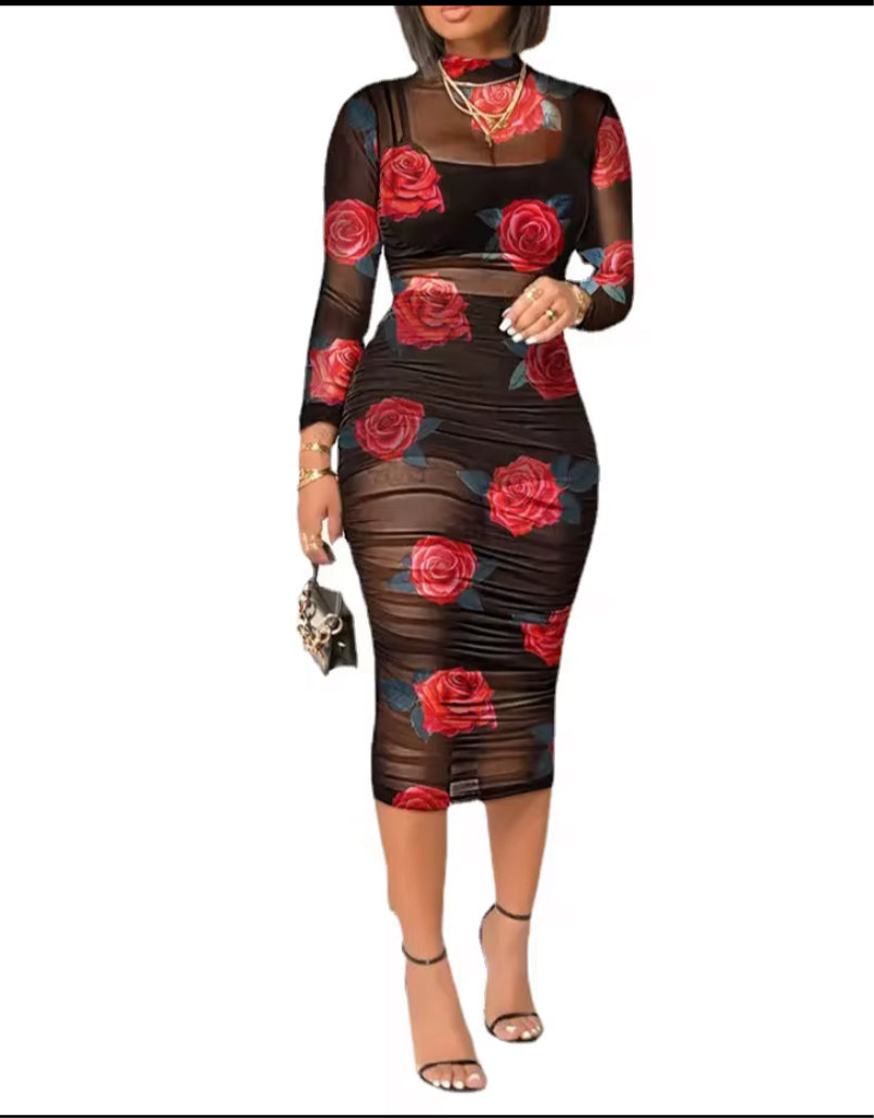 Three pieces crop top with vintage tropical print sexy midi dress