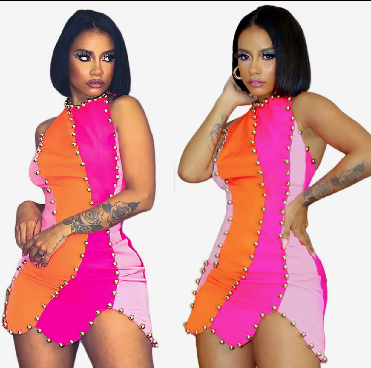 Trendy sexy pink and orange top beaded casual dress