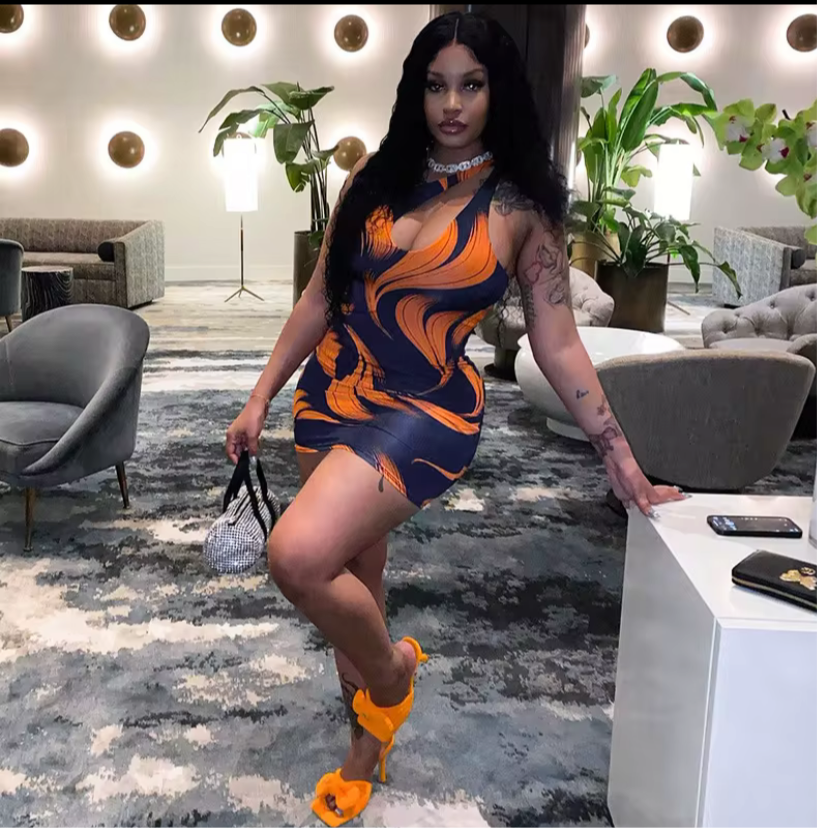 Orange and blue dress new fashion print slash shoulder slim