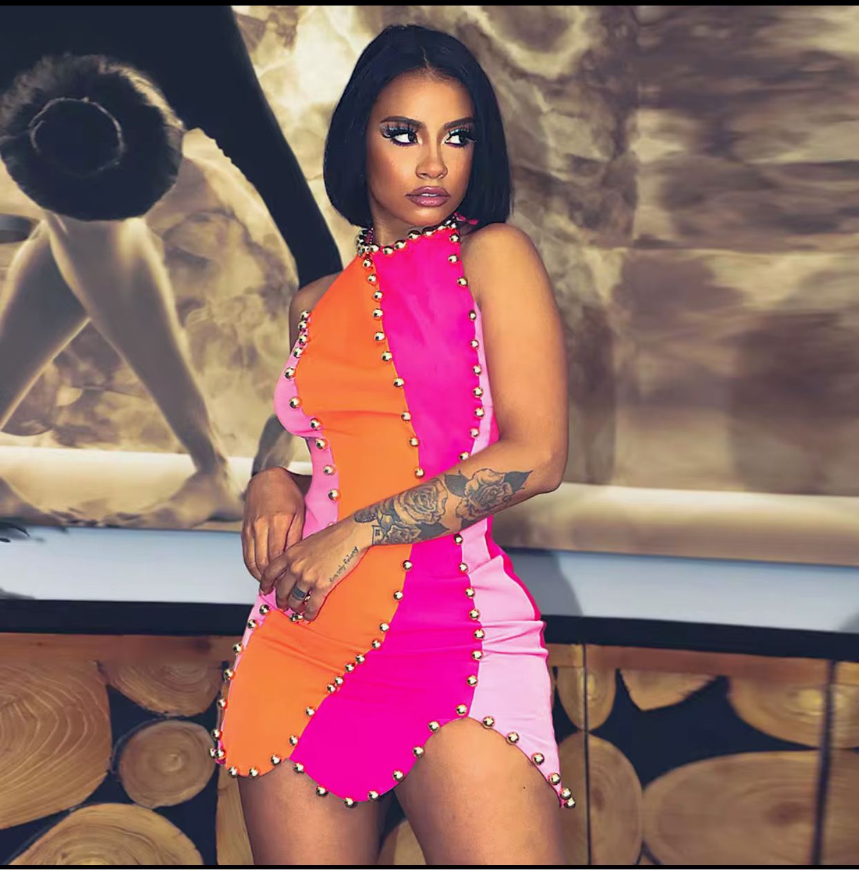 Trendy sexy pink and orange top beaded casual dress