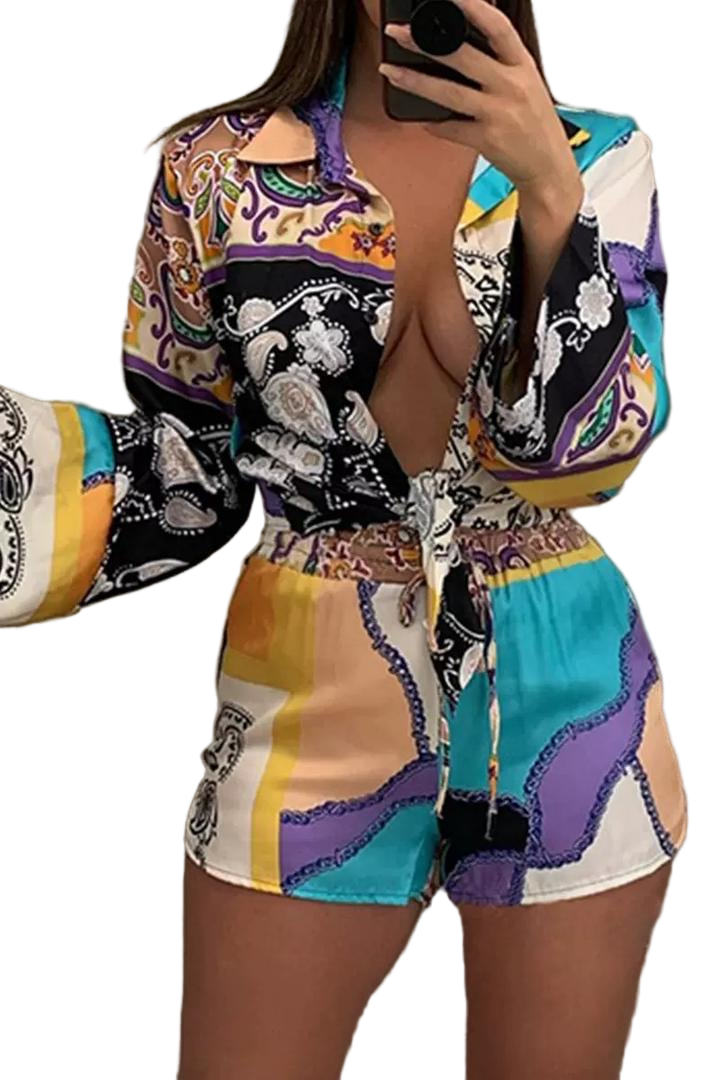 Skill print women’s sets 3 piece shorts set women with scarf