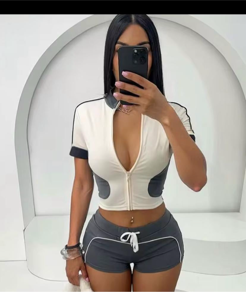 Two Piece Set Short Sleeve Crop Top Shorts Casual Tracksuits Gym Sport
