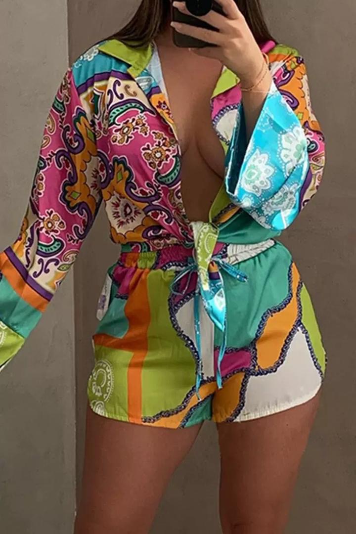 Skill print women’s sets 3 piece shorts set women with scarf