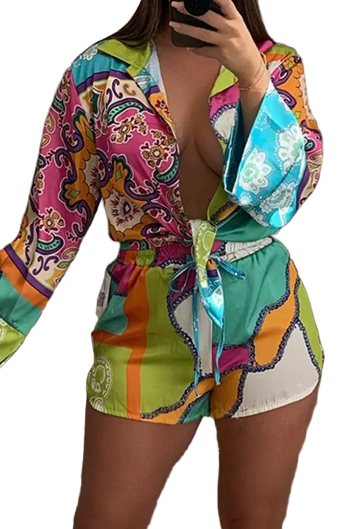 Skill print women’s sets 3 piece shorts set women with scarf