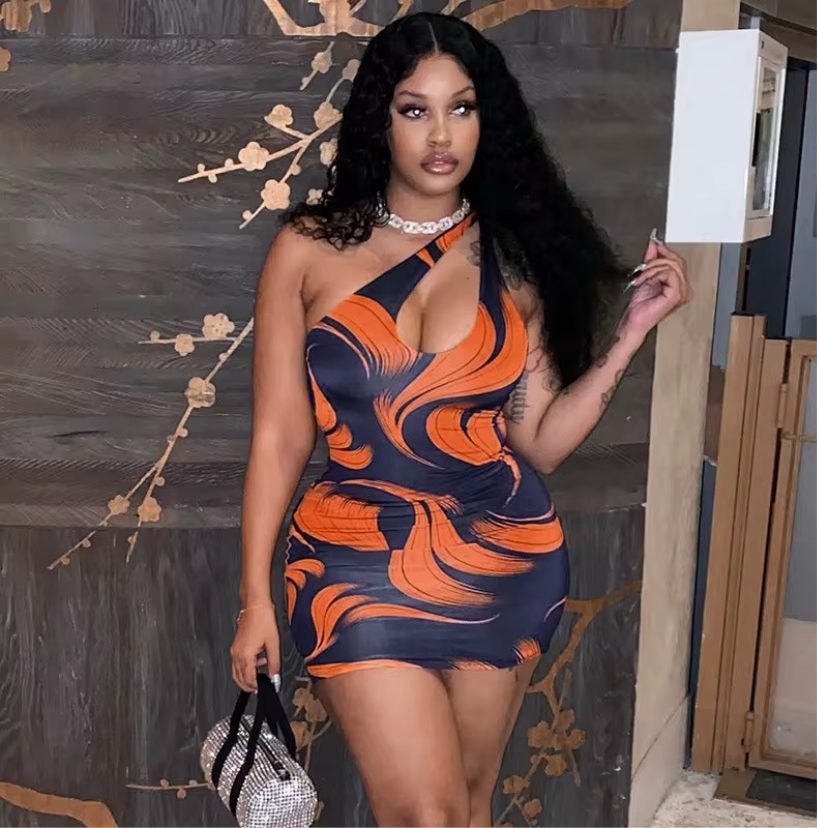 Orange and blue dress new fashion print slash shoulder slim