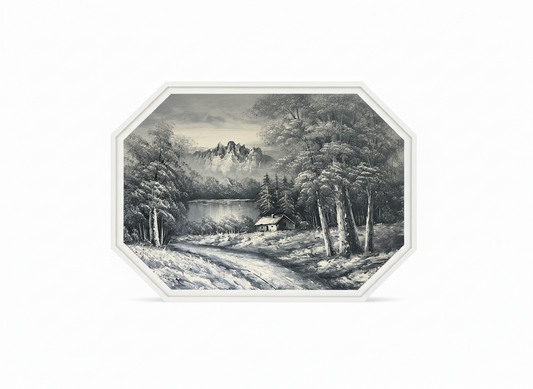 Vintage-style black and white landscape with a path, trees, and a lake.