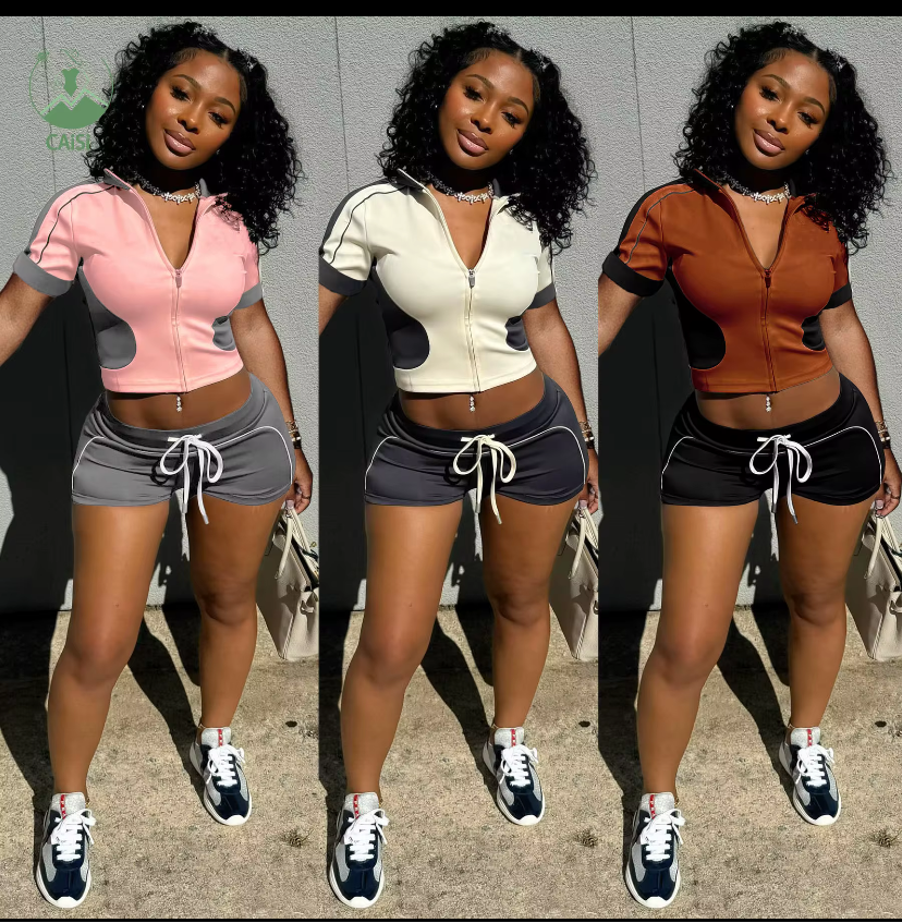 Two Piece Set Short Sleeve Crop Top Shorts Casual Tracksuits Gym Sport