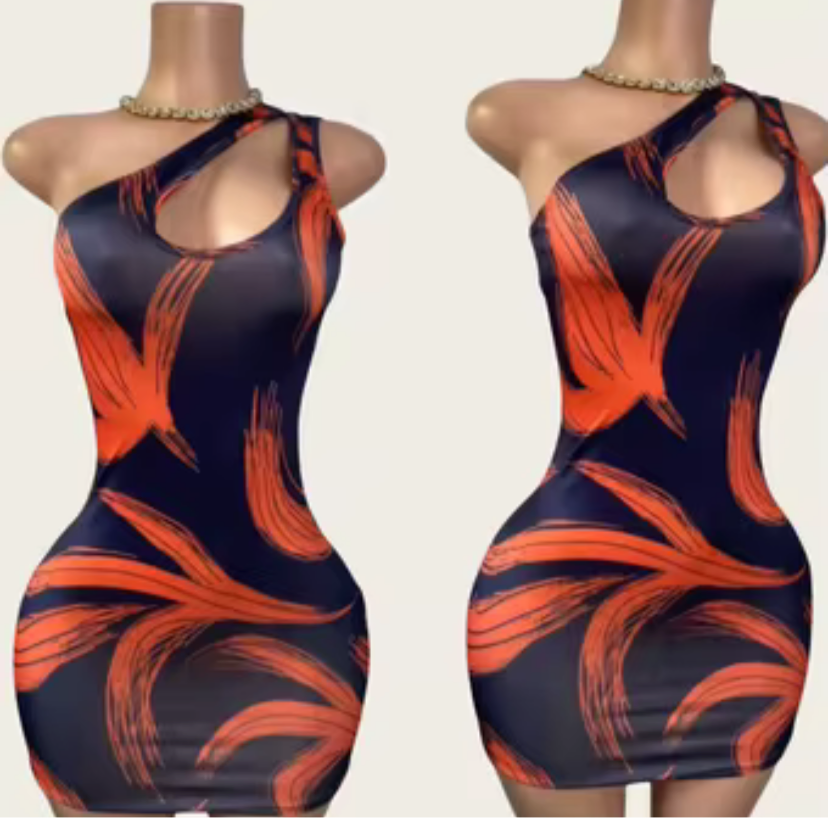 Orange and blue dress new fashion print slash shoulder slim