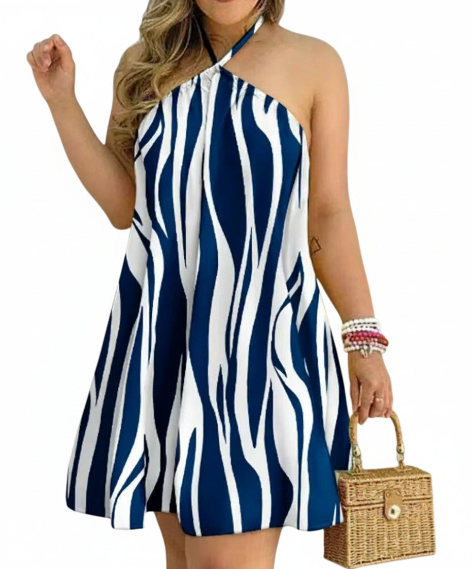 blue and white  shoulder halter neck loose dress for women