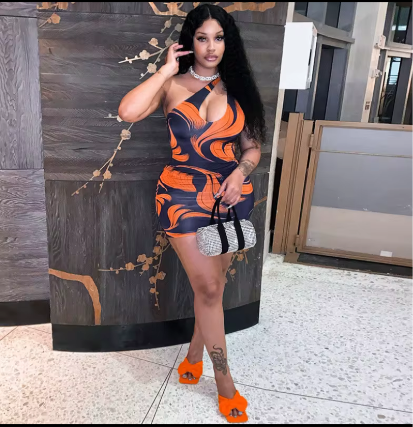 Orange and blue dress new fashion print slash shoulder slim