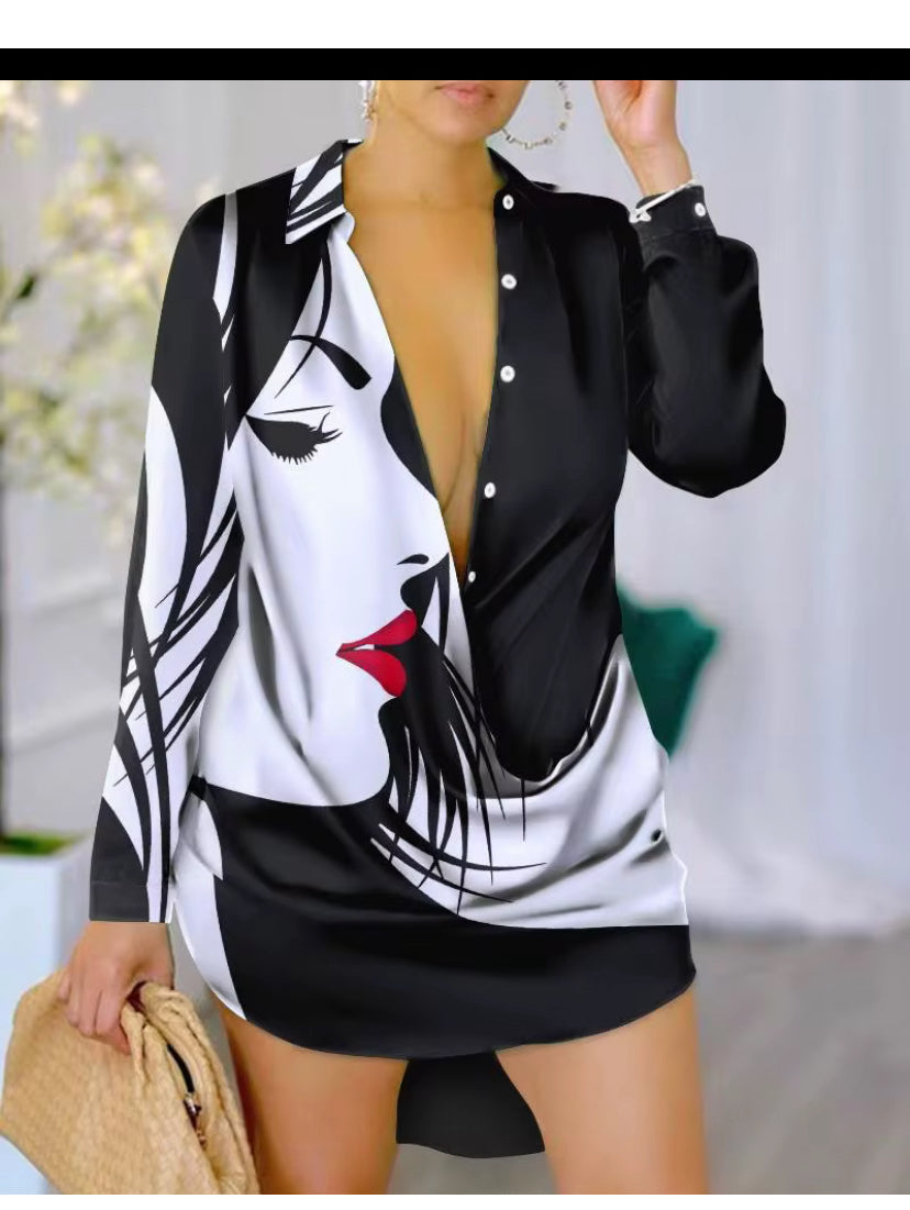 Women Casual graphic print long sleeved shirt dress
