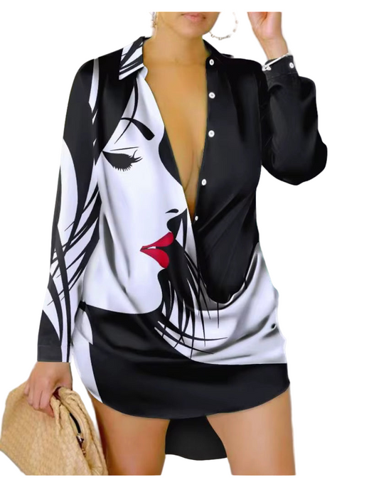 Women Casual graphic print long sleeved shirt dress