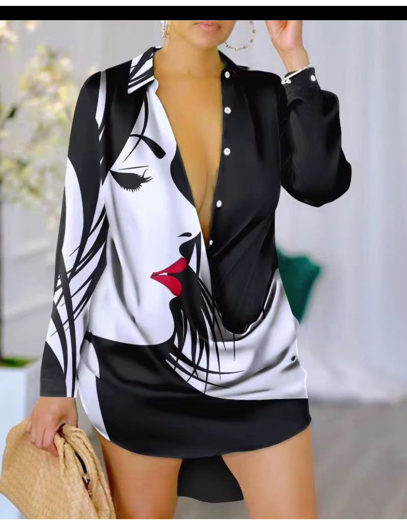 Women Casual graphic print long sleeved shirt dress