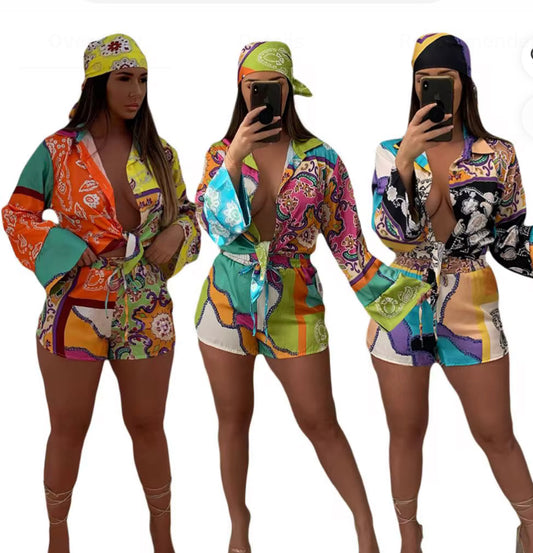 Skill print women’s sets 3 piece shorts set women with scarf