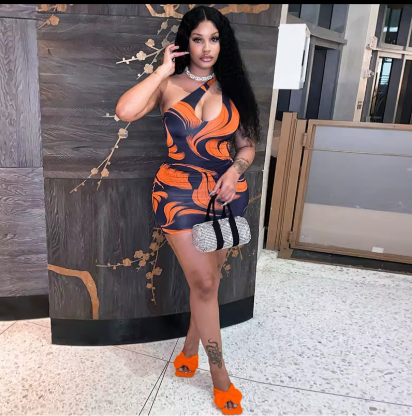Orange and blue dress new fashion print slash shoulder slim