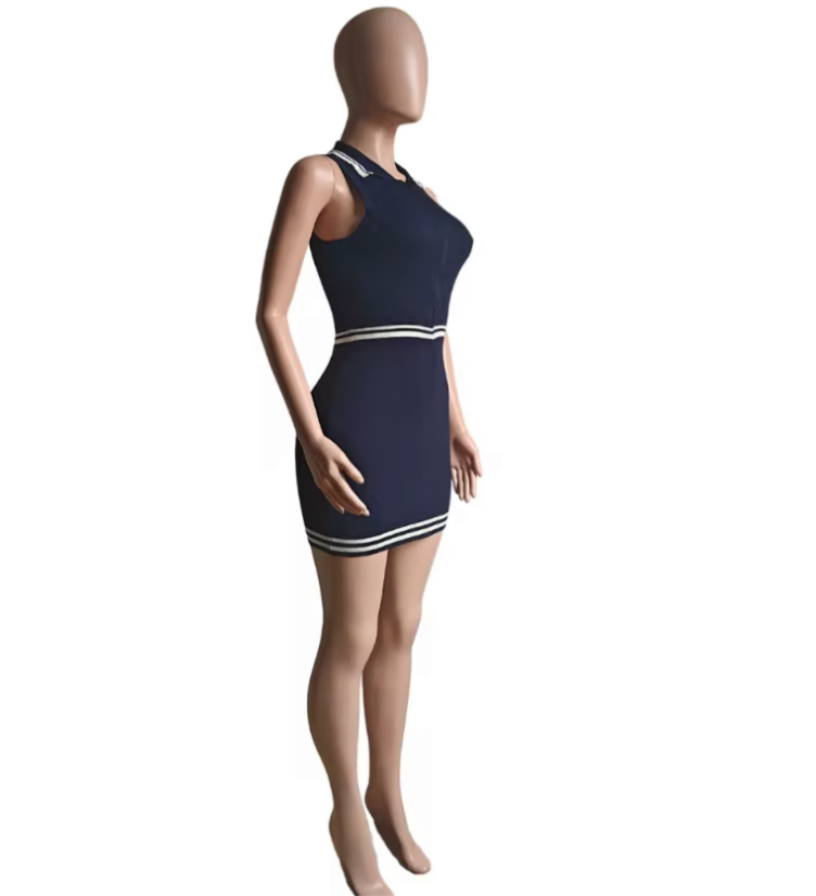 navy and white two piece neck zipper hip knitted dress