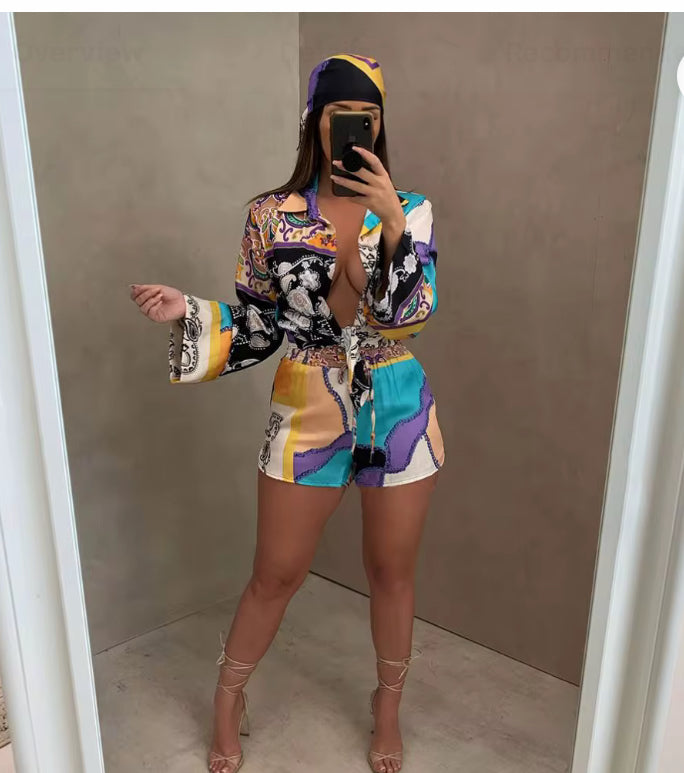 Skill print women’s sets 3 piece shorts set women with scarf