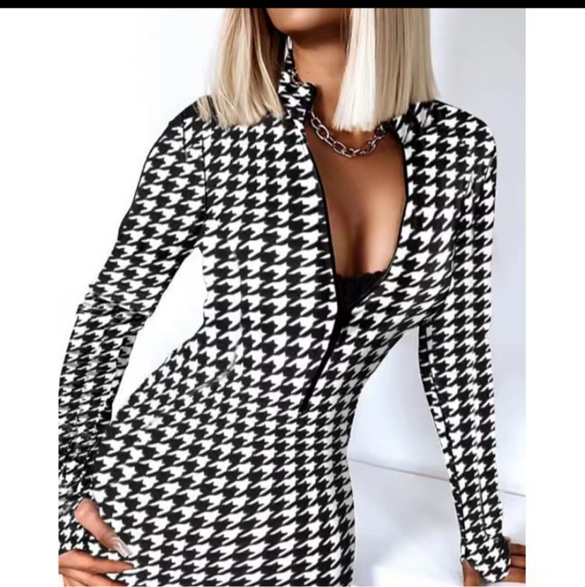 Black and white long sleeve sexy deep v neck slim fit dress