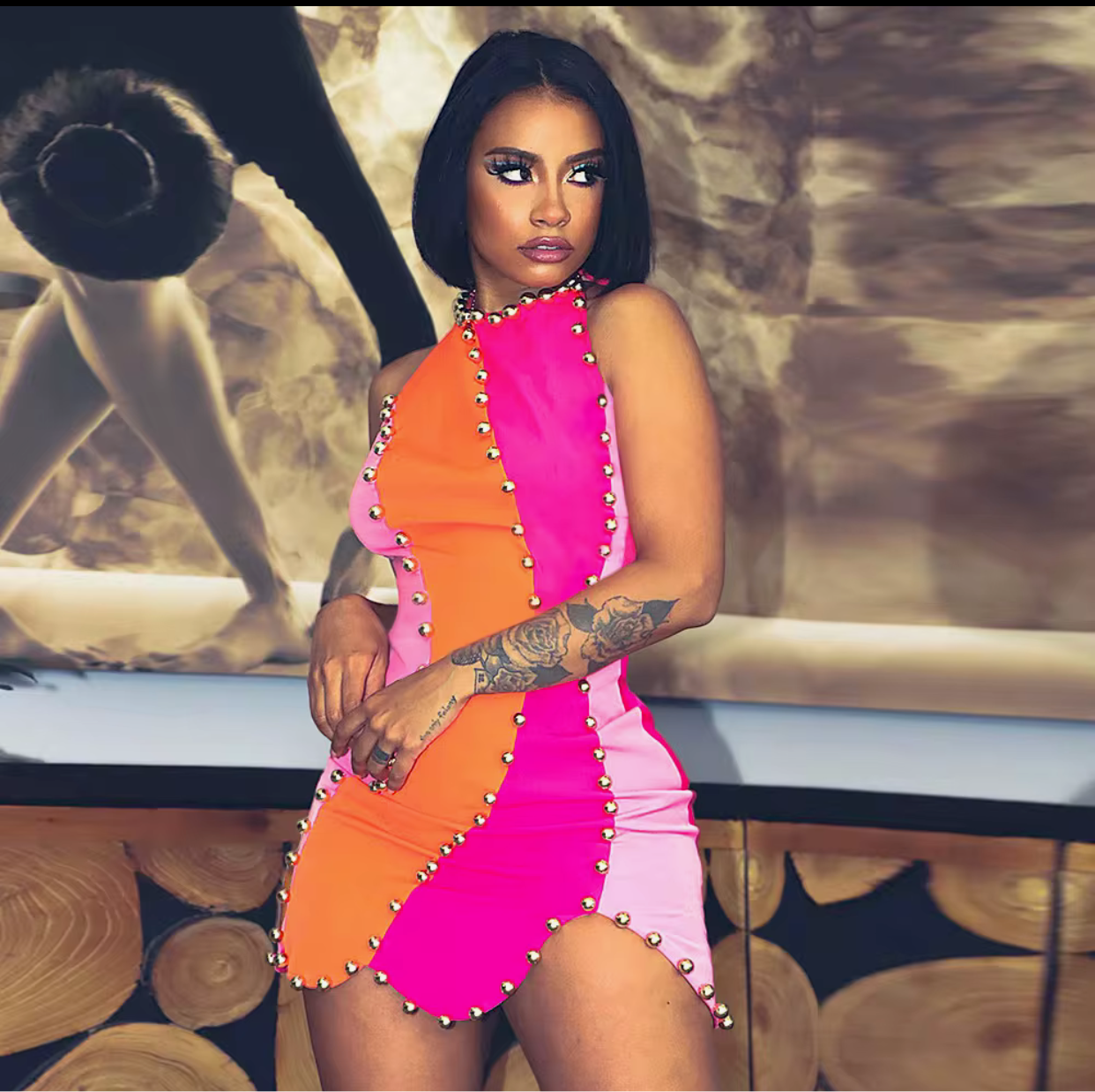 Trendy sexy pink and orange top beaded casual dress