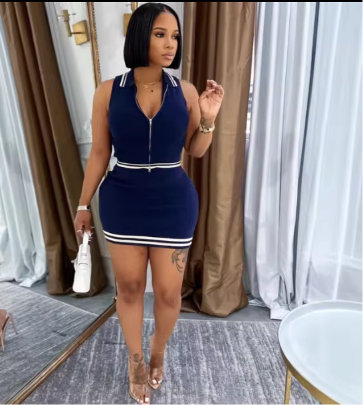 navy and white two piece neck zipper hip knitted dress
